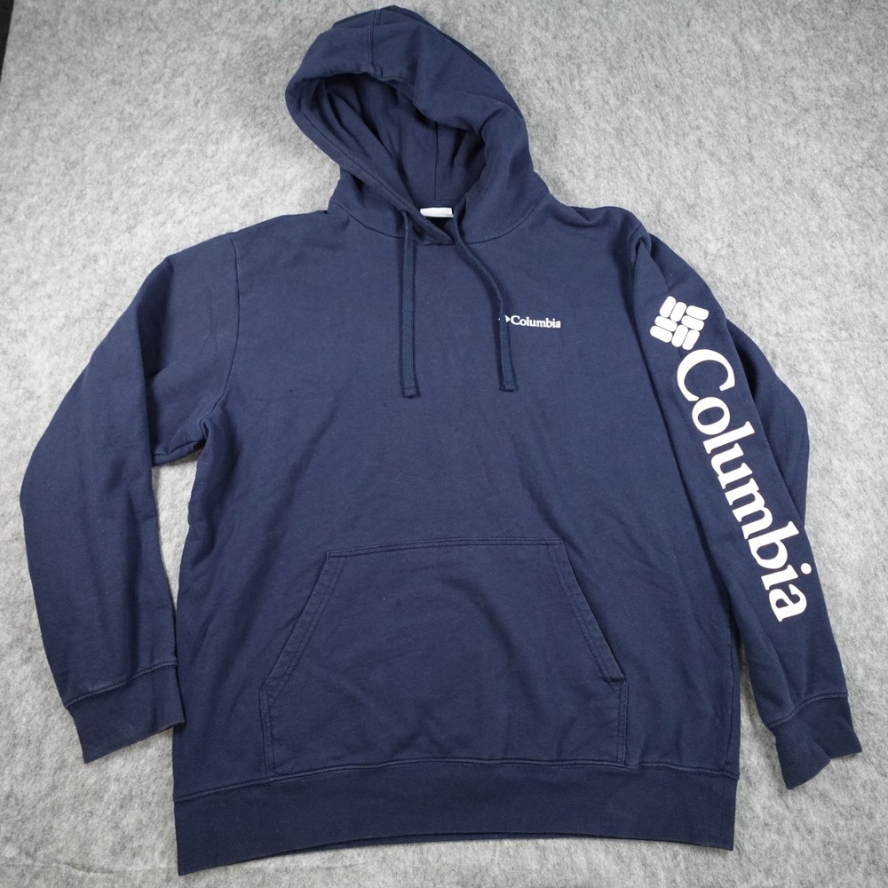 Columbia Hoodie Mens Large Tall Navy Blue Sleeve Logo Graphic Pullover Fleece